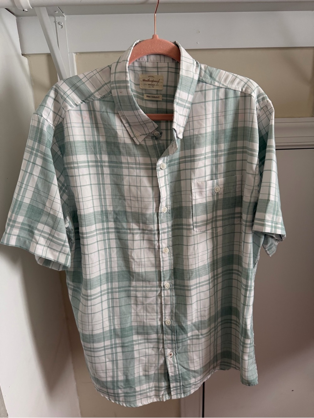 Men's Weatherproof Vintage Short Sleeve Green and White Plaid Shirt Size XL
